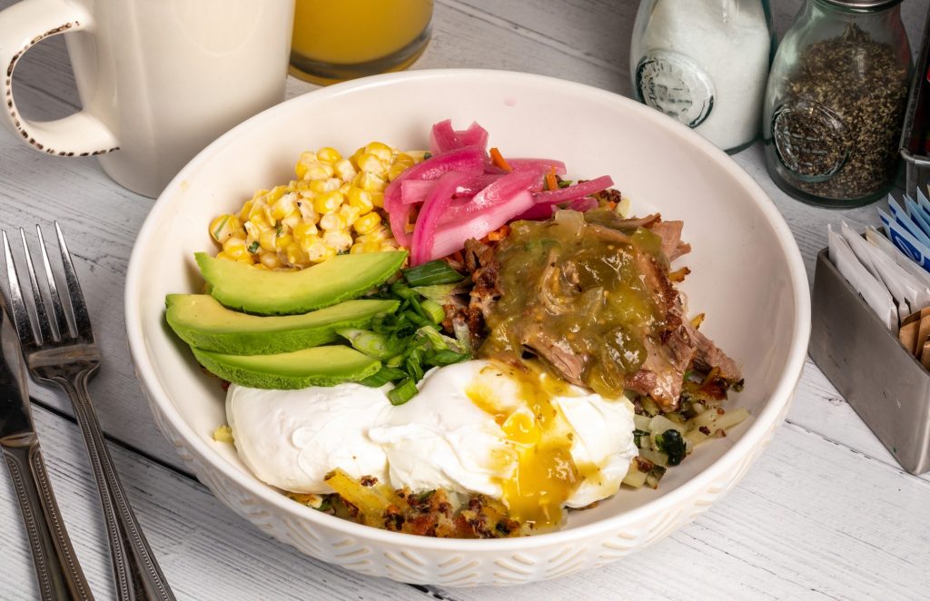 breakfast bowl with egg and avocado. 