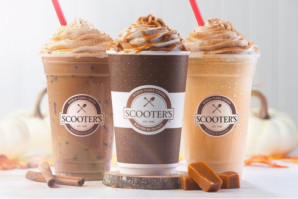 A scooters cinnamon iced coffee, a hot caramel coffee, and an iced caramel coffee.  