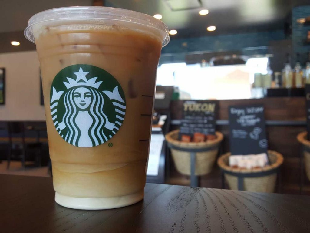 Starbucks iced coffee on wood countertop. 