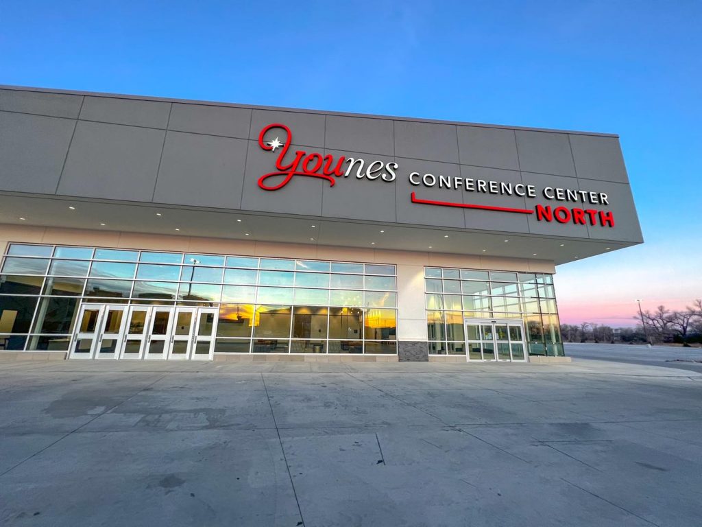 front entrance of Younes Conference Center North at sunset.