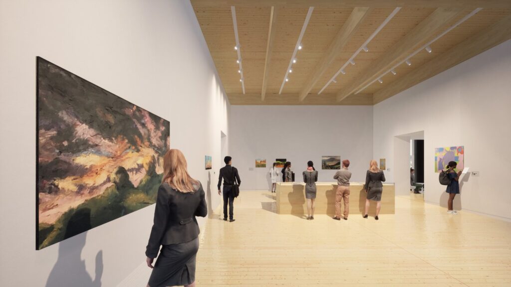 people viewing landscape painting exhibition 