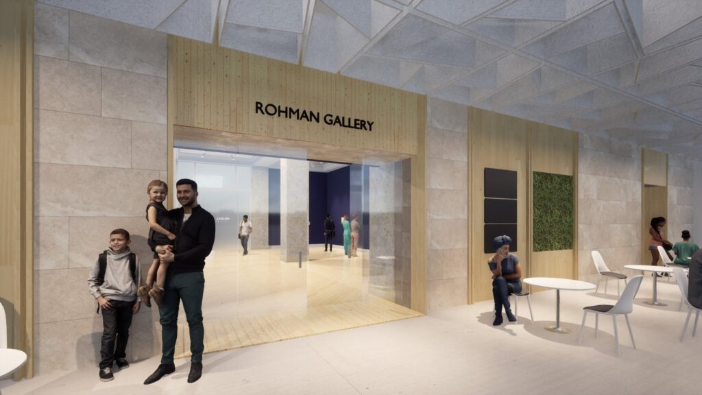 Seating areas outside of gallery room. 