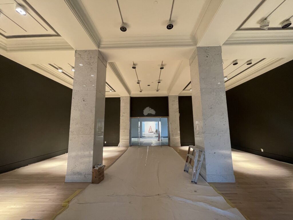 Exhibition renovations at the MONA with marble pillars. 