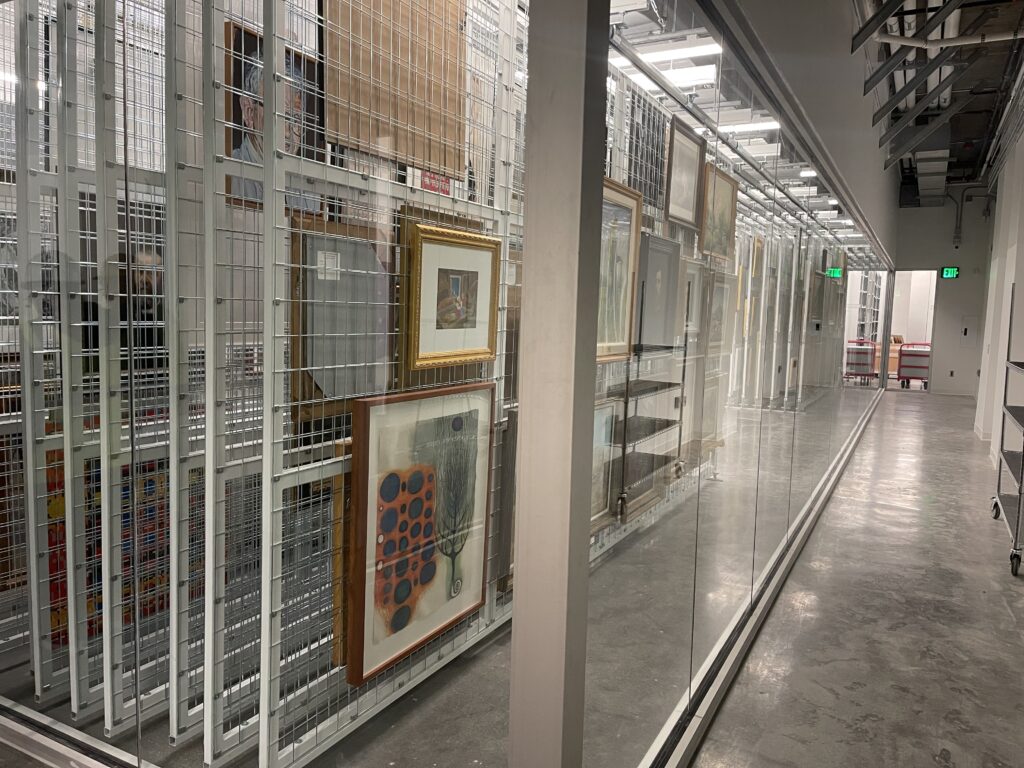 Vault with visitor viewing area of the museum's collection of artworks. 