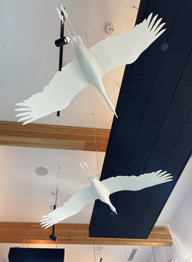 Sandhill crane sculptures hanging from ceiling 