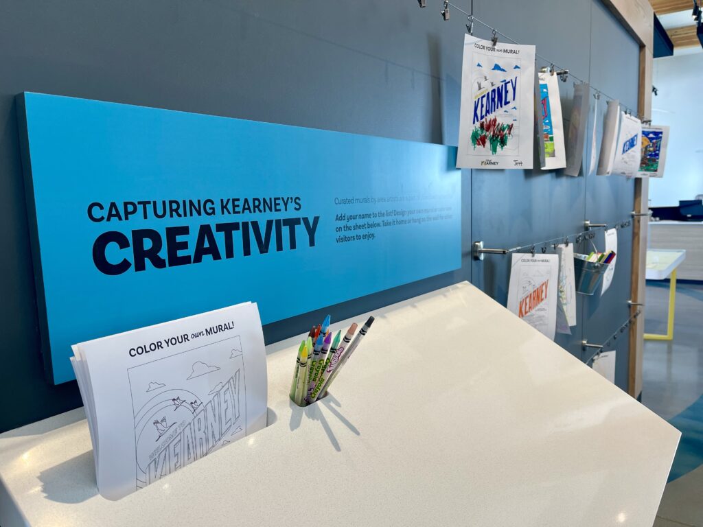 Creativity area with desk for drawing on coloring pages 