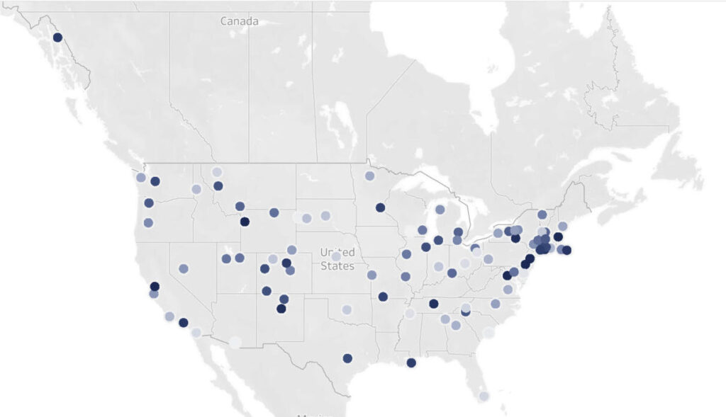Map of the United States with dots indicating the 100 most art-vibrant communities. 